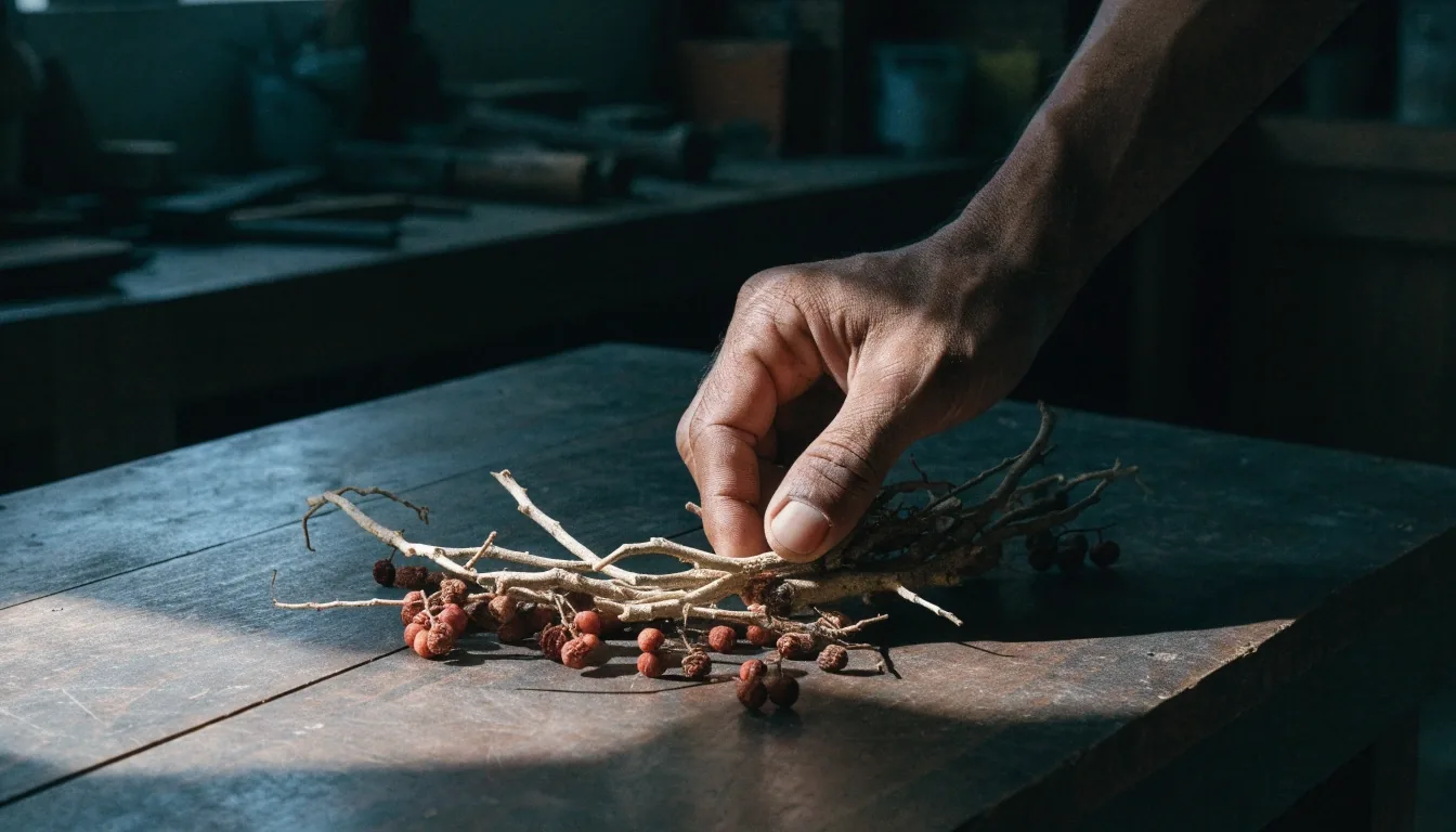 A hand sorting dried botanical roots and leaves across a dark wooden bench in side daylight
