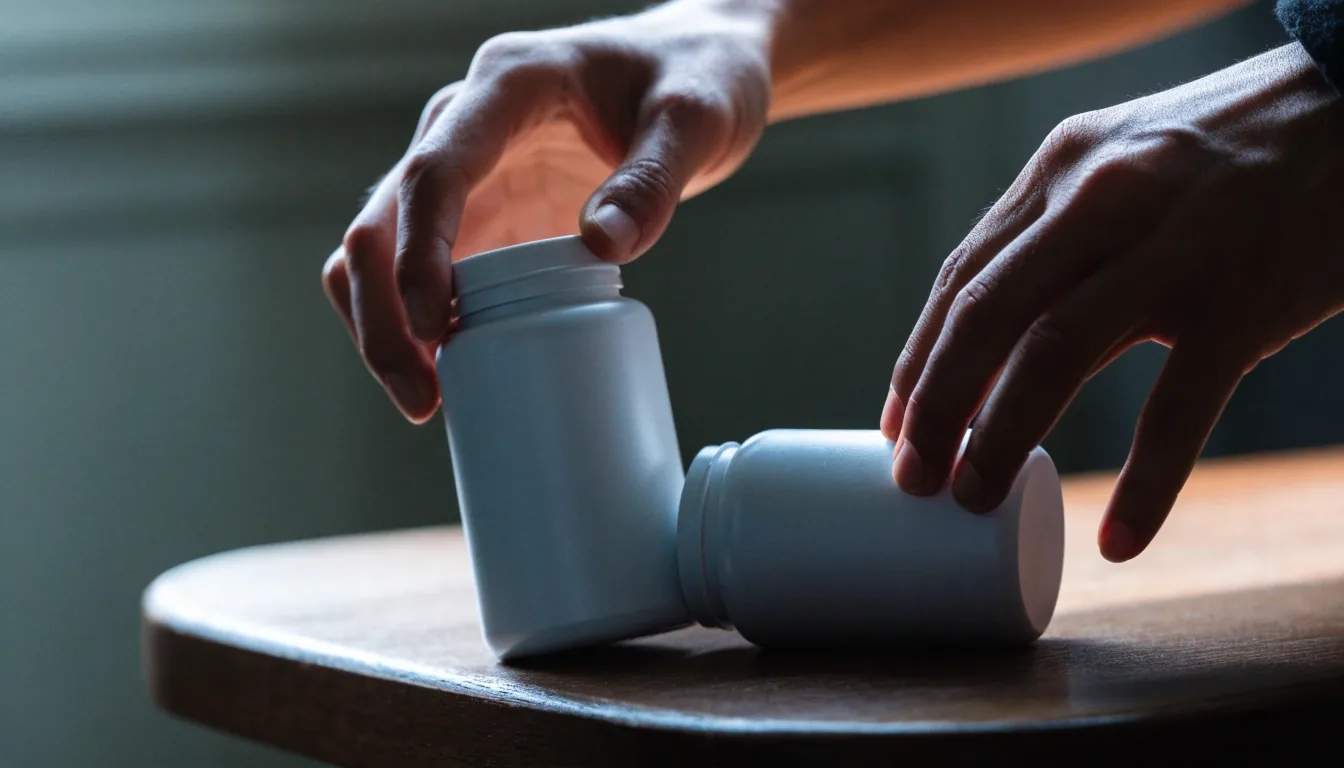 Hands comparing two unbranded matte supplement containers on a dark wooden bench