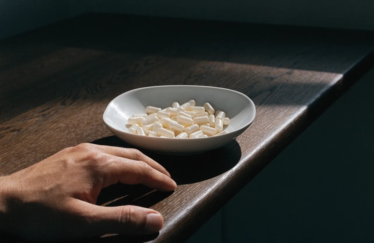 A hand resting on a bench beside a dish of unbranded capsules in single-source daylight