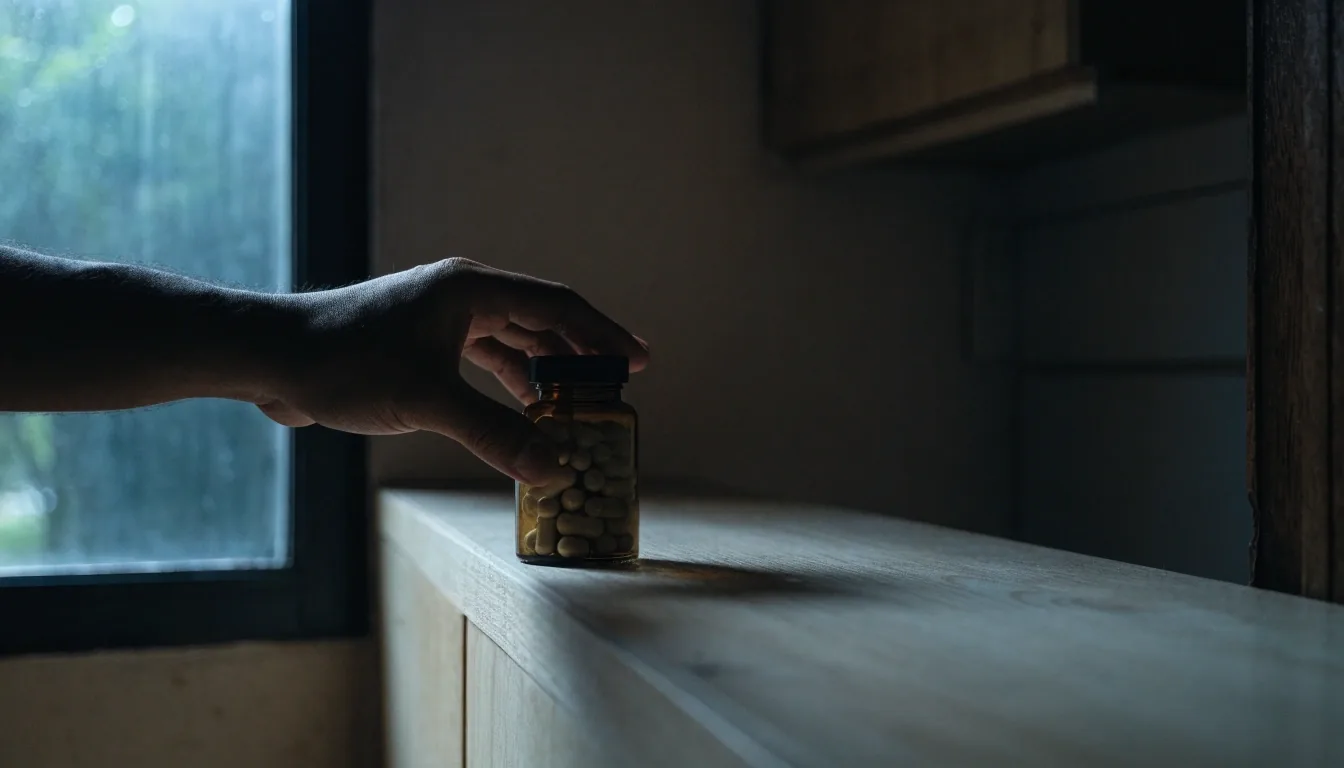 An unbranded matte supplement bottle resting on a concrete counter in cold early daylight