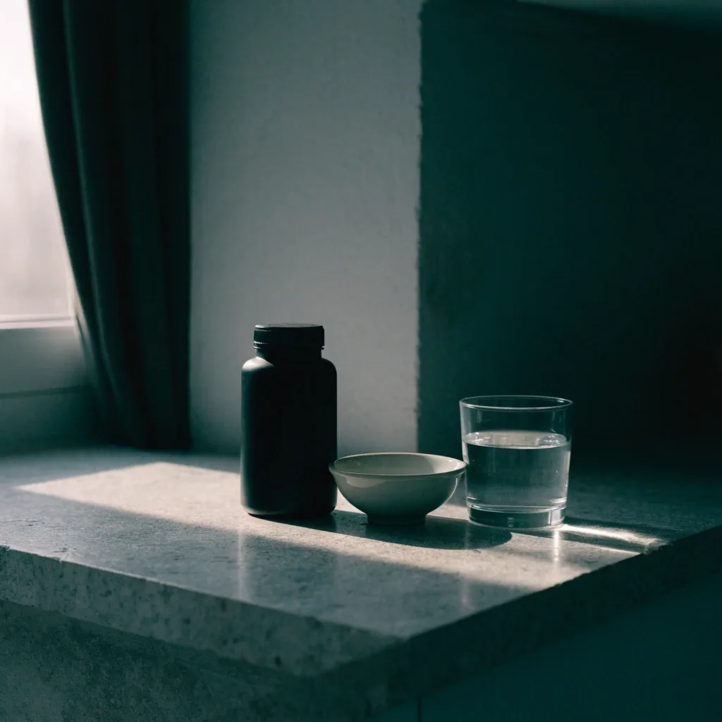 A matte unbranded bottle and glass of water on a bare stone counter before dawn