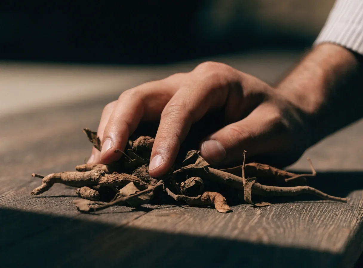 A hand turning dried botanical roots and leaves on a dark bench in one-sided daylight