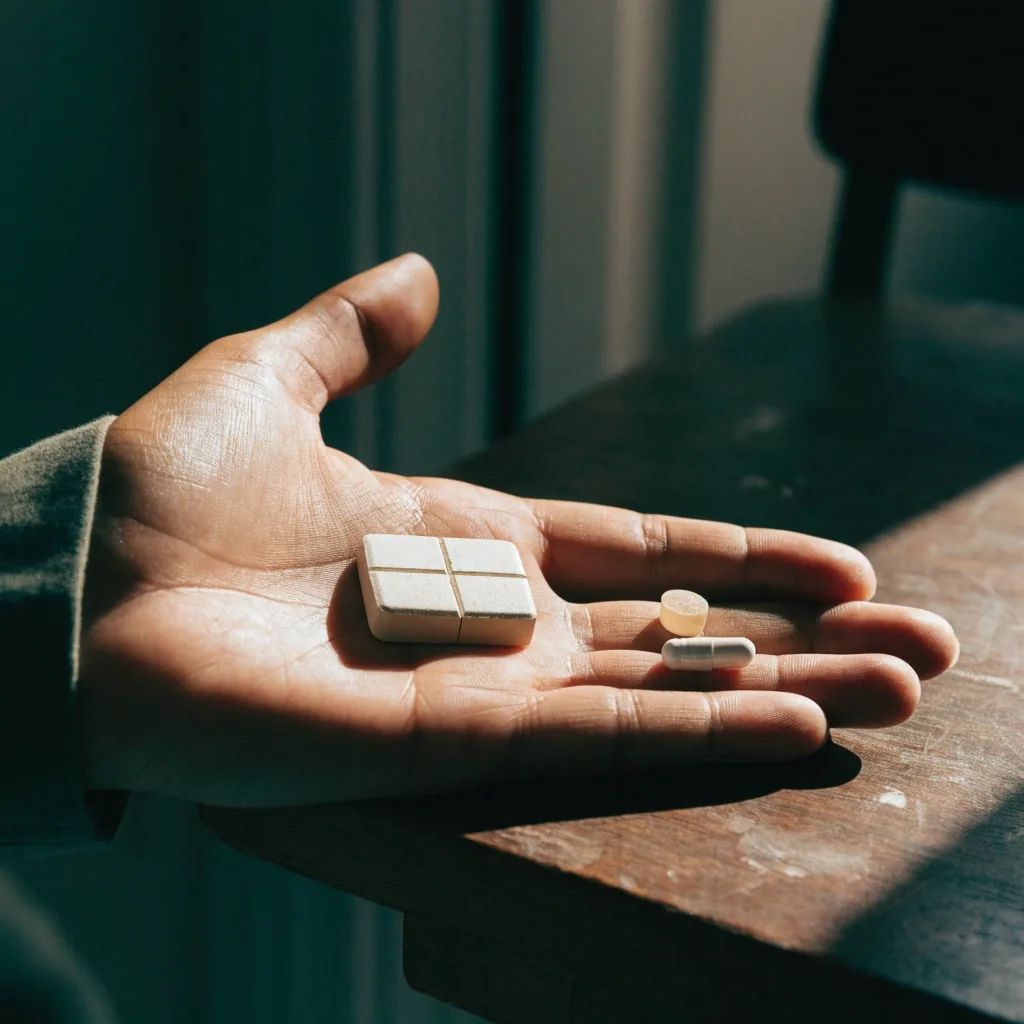 Three unbranded dose forms laid on bare concrete at uneven distances under hard low sun