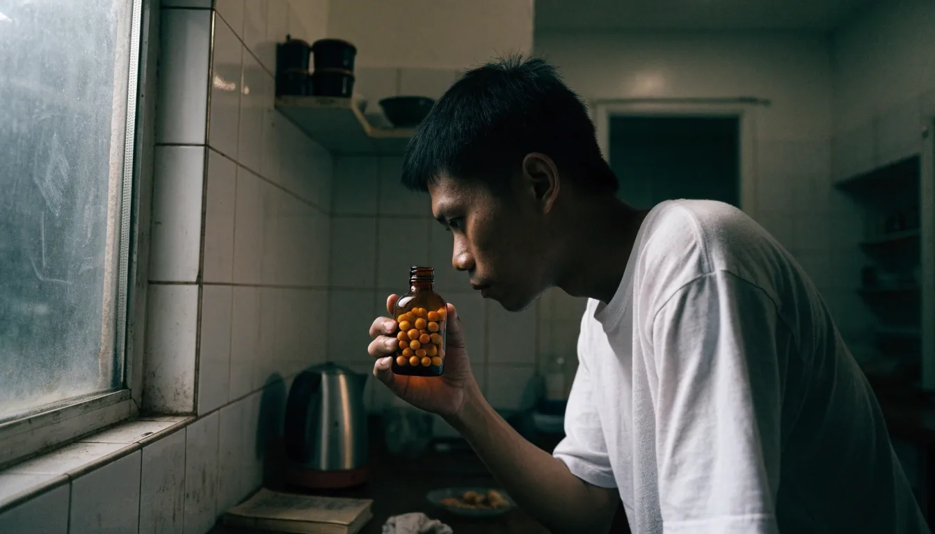 A man reading the back of a plain unbranded sheet at a kitchen counter before dawn
