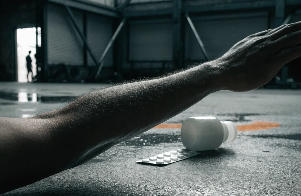 A man's forearm and shoulder crossing a worn rubber-floored gym at first light, a matte unbranded bottle and foil blister strip resting on damp concrete in the mid-ground