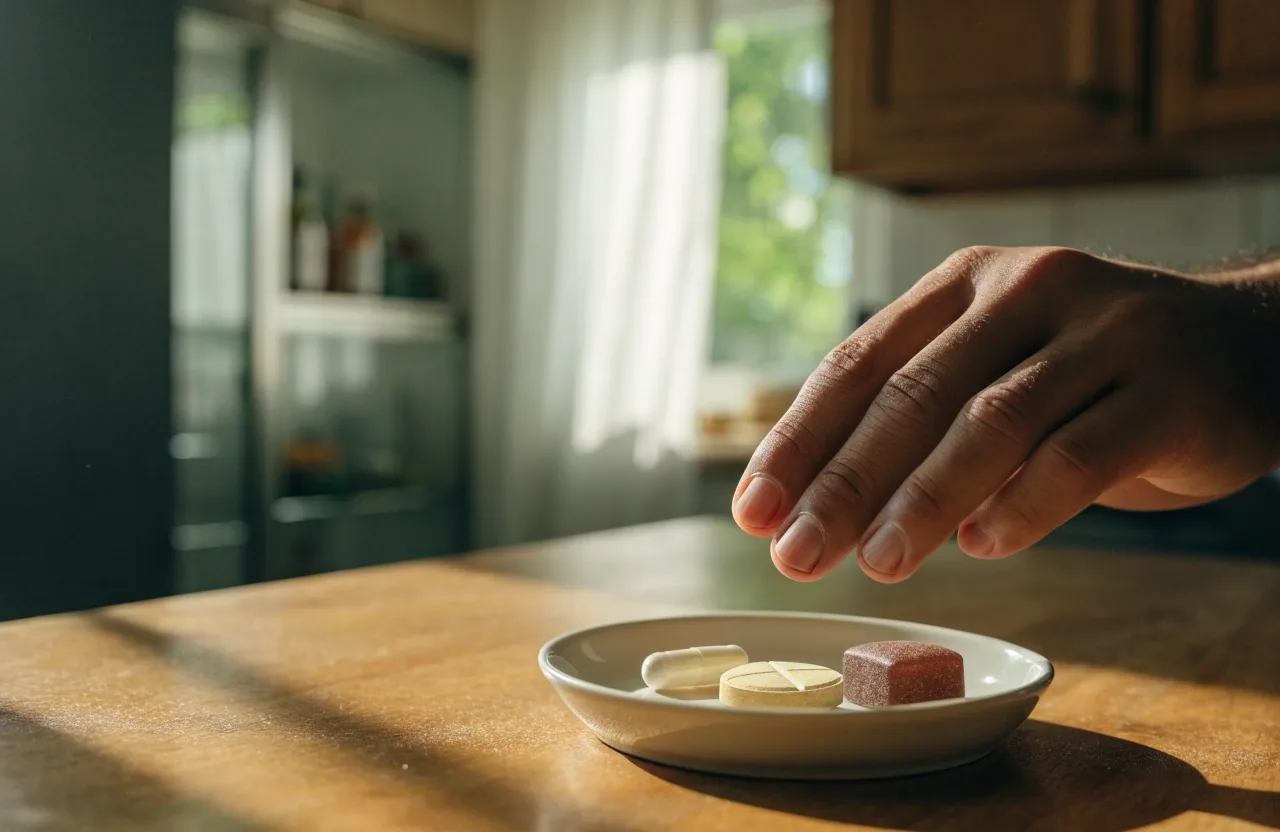 An unbranded capsule, a scored tablet, and a soft gummy arranged on concrete with long shadows