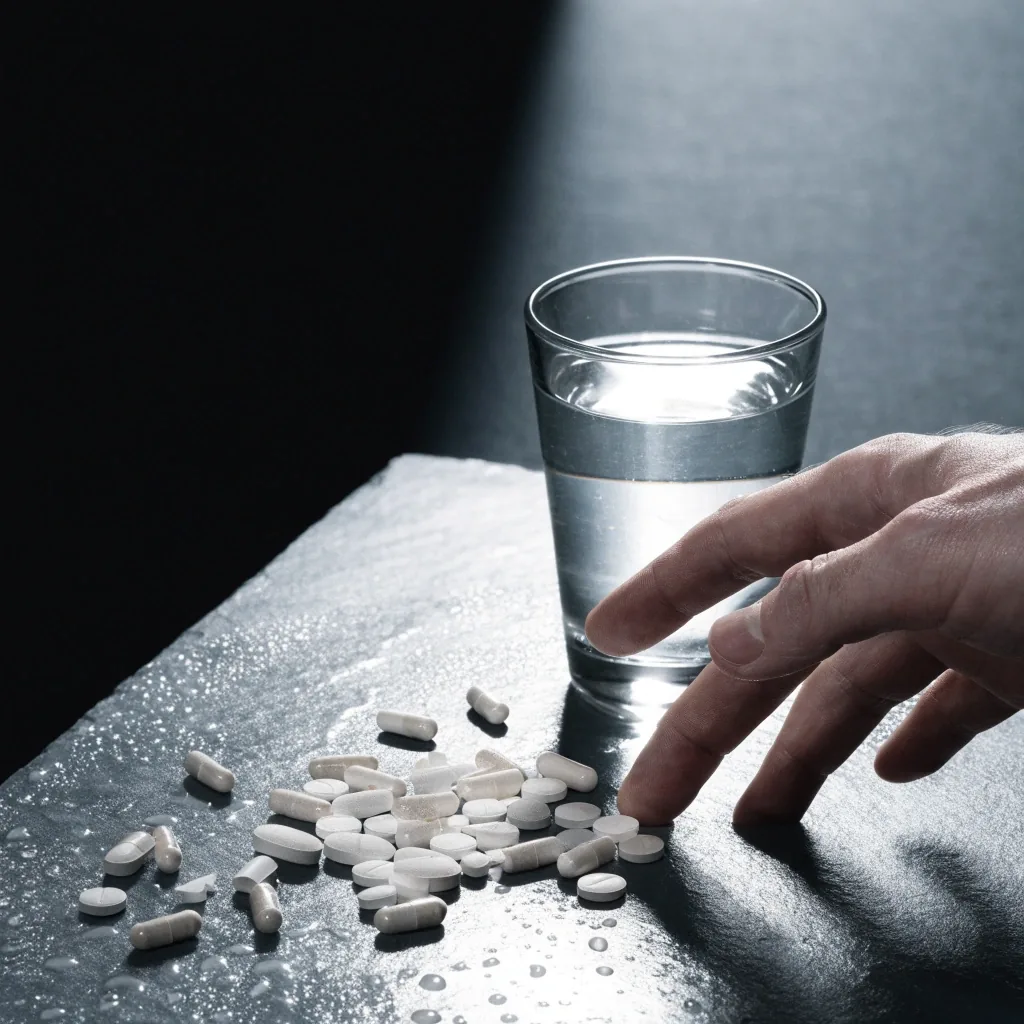 Loose unbranded capsules and pressed tablets scattered across a wet slate surface under raking light