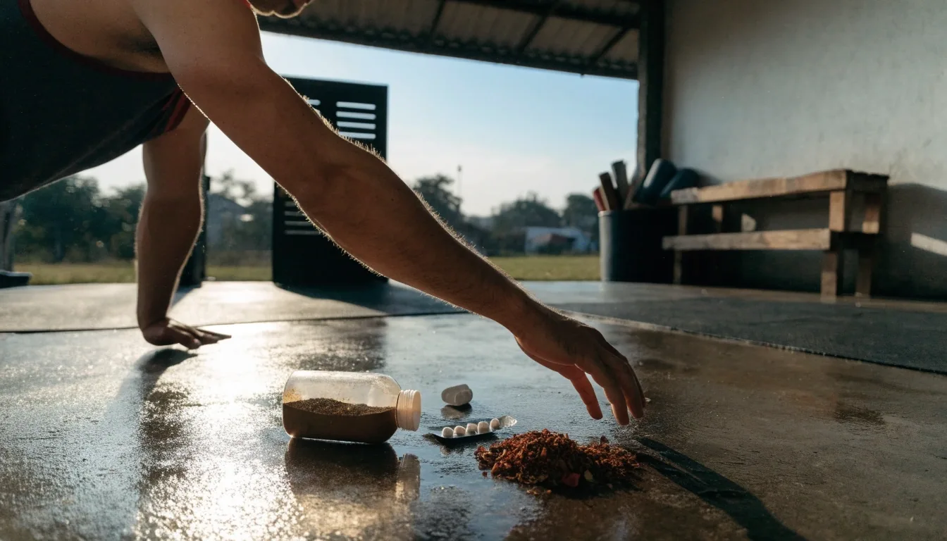 A man's hand lifting an unbranded supplement bottle and foil blister strip from a damp concrete gym floor at first light