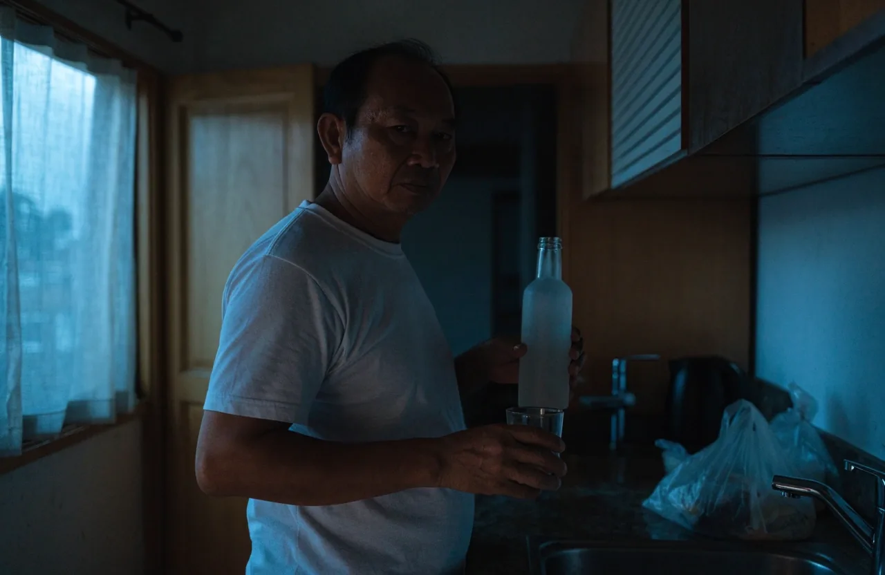 A man at a dark kitchen counter before dawn holding a matte glass bottle and a glass of water