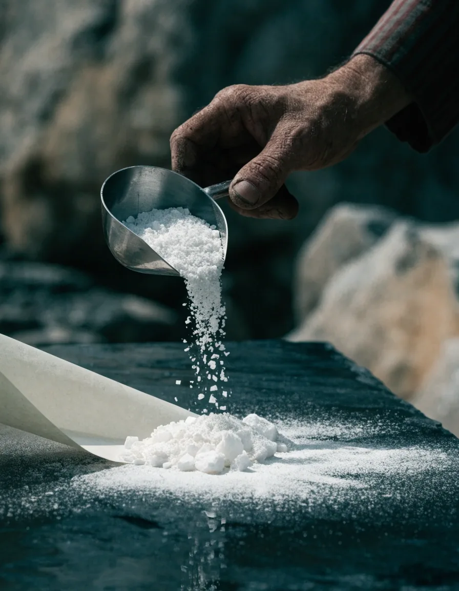 Loose mineral powder and coarse crystals spread across wet dark slate beside a stainless scoop