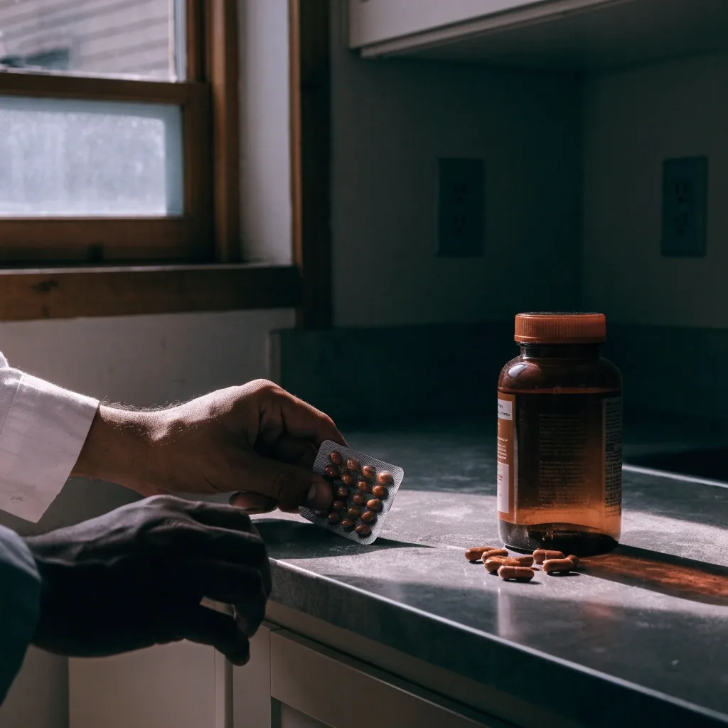 A man's hands in a dawn kitchen turning an unbranded foil blister strip beside a matte amber bottle and loose capsules