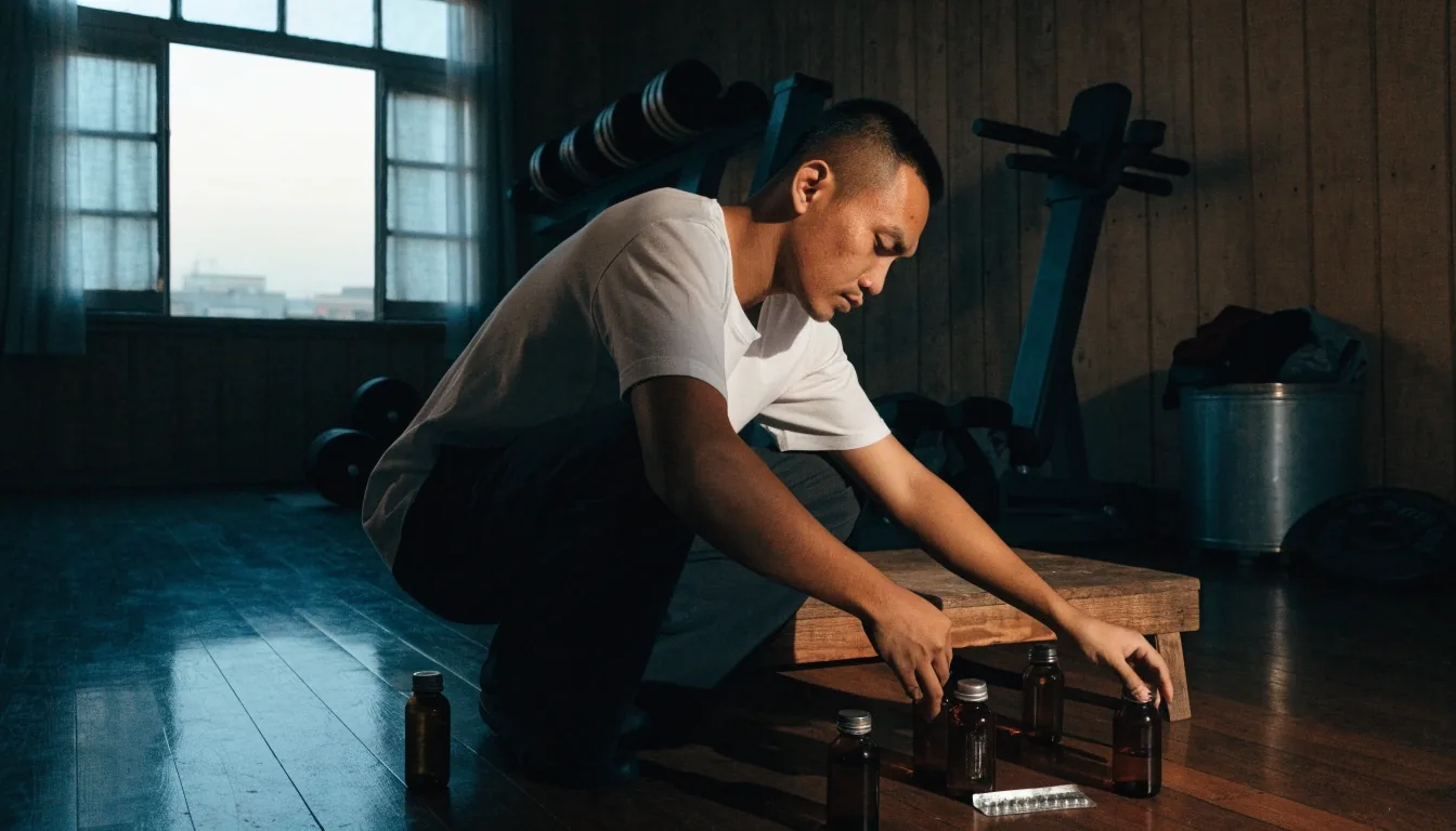 A man's forearm lifting a matte unbranded supplement bottle from damp concrete on a training floor at first light