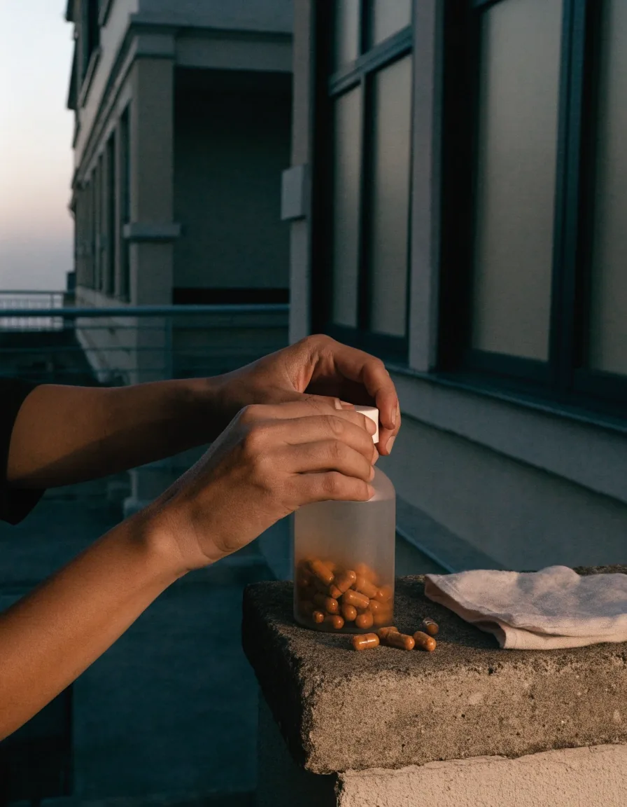 A man checking a plain sheet at a counter before dawn, next to an unbranded supplement bottle