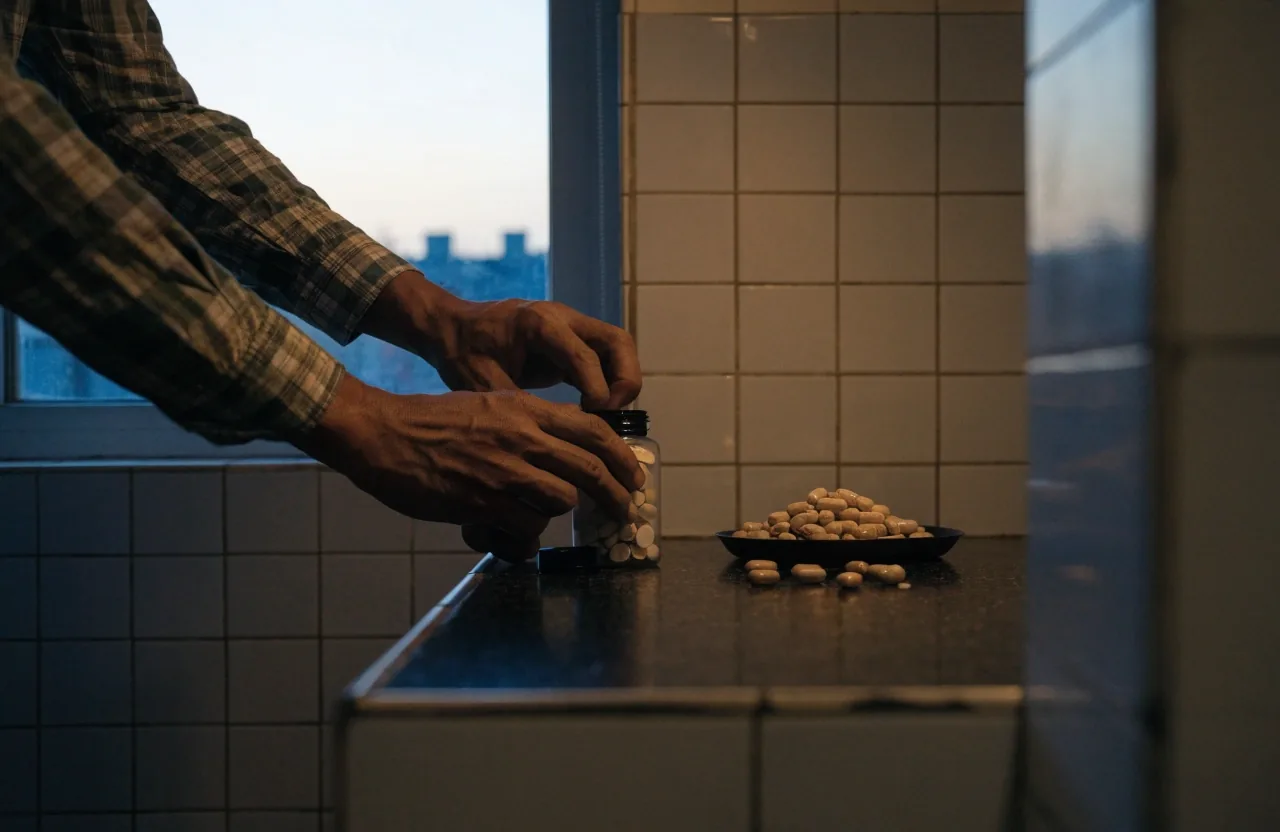 A man at a kitchen counter before dawn turning a plain unbranded supplement label sheet in cold window light