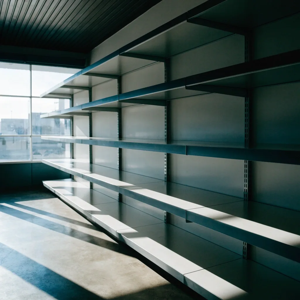 A bare, unlabelled retail shelf run in a daylight pharmacy interior with no signage