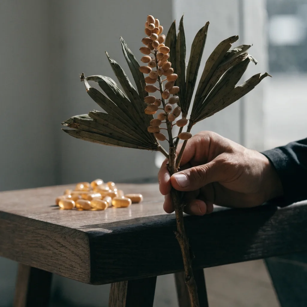 A hand turning dried botanical roots and leaves on a dark bench beside a small pile of unbranded capsules