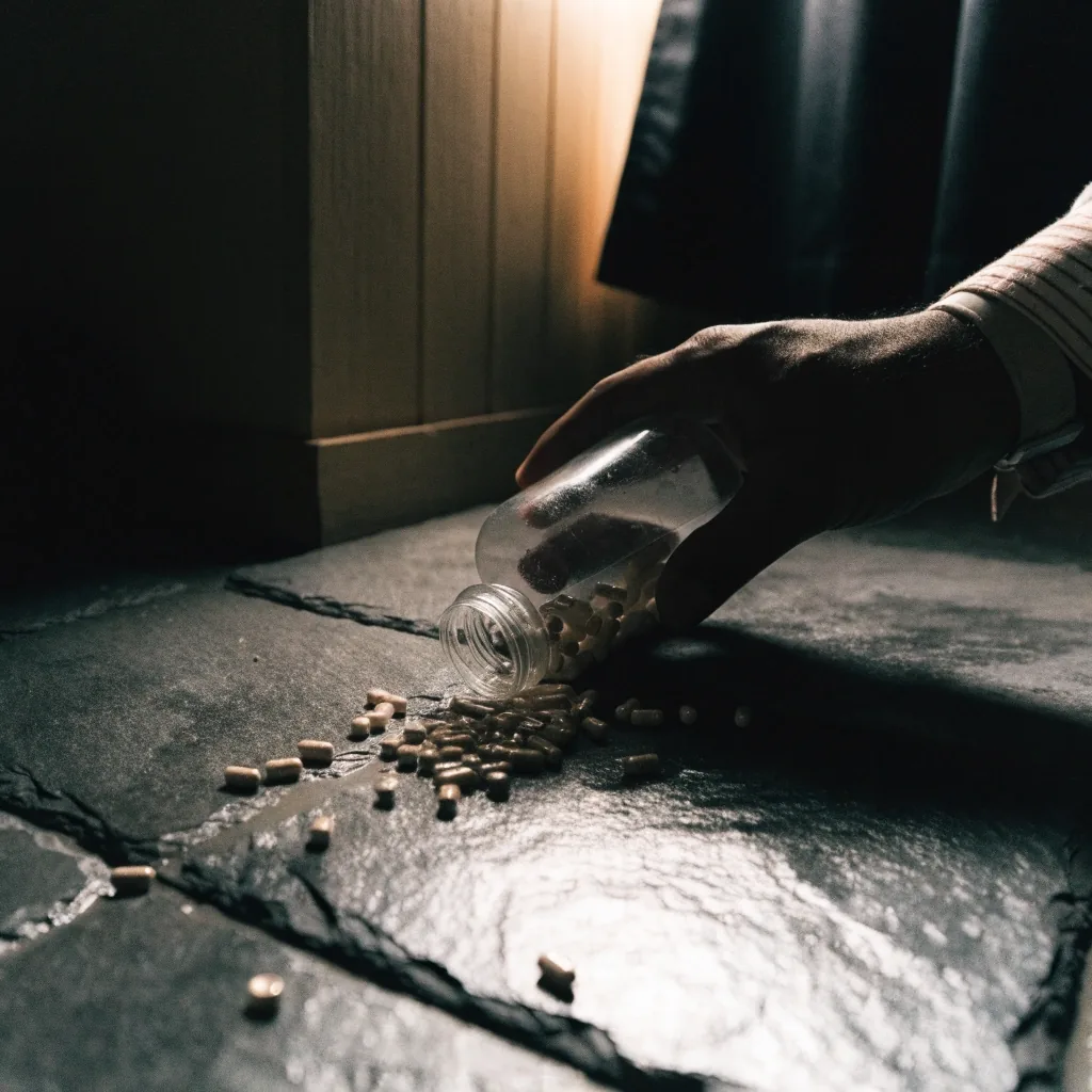 Unbranded capsules and pressed tablets spilling across a wet slate surface under a single raking light