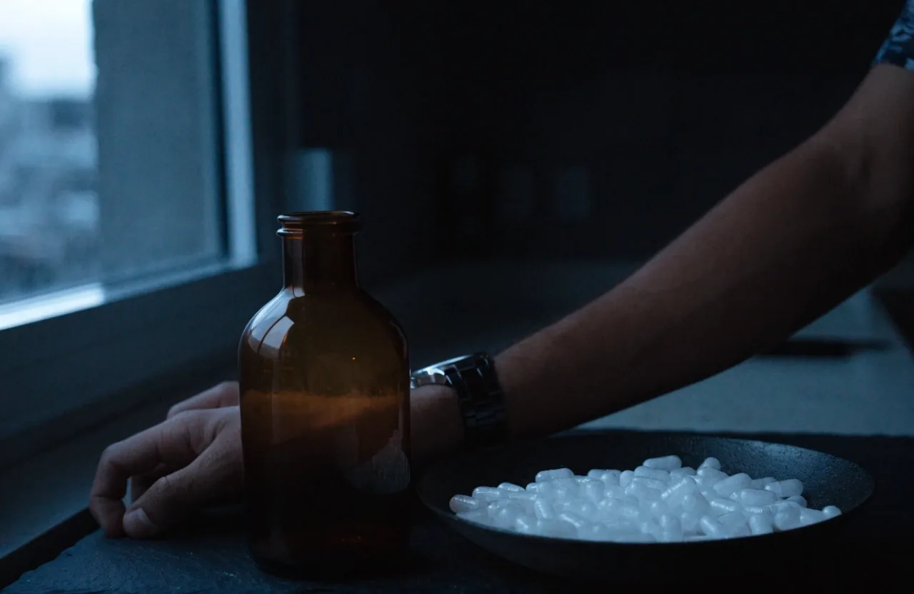 A man's hands beside an unbranded bottle and a dish of capsules on a dark kitchen counter before dawn